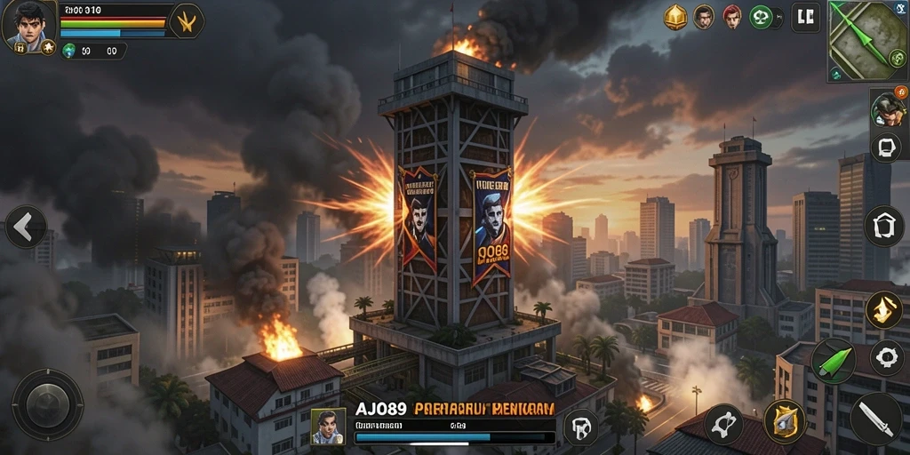 Screenshot AJO89 menampilkan aksi menara pertahanan yang intens.