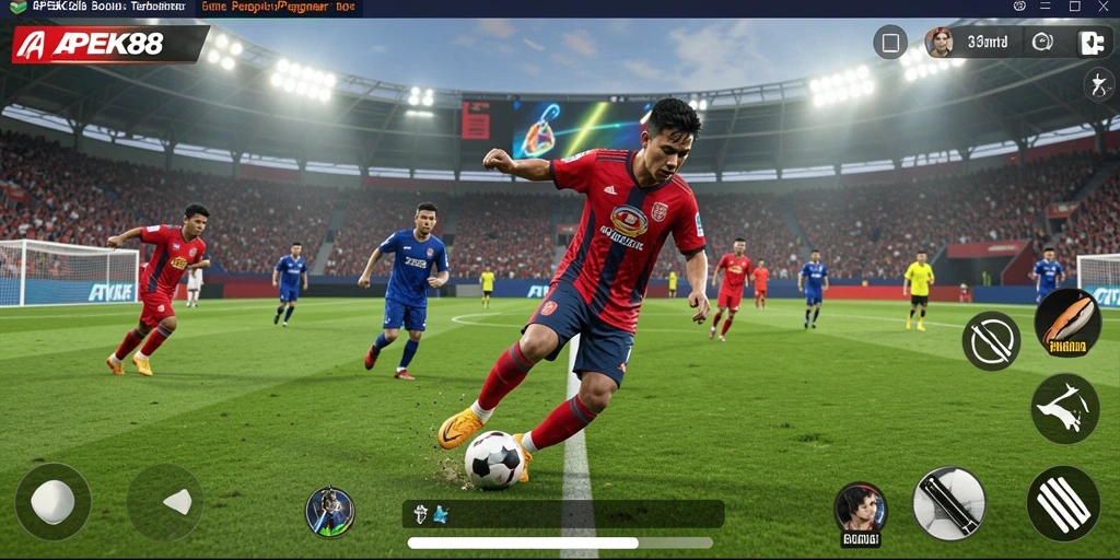Screenshot gameplay APEK88 menampilkan aksi seru di lapangan sepak bola.