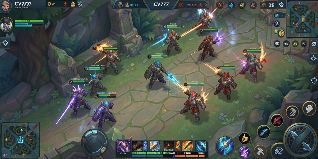 Tampilan gameplay <strong>CV777</strong> dengan pertempuran seru di arena MOBA.