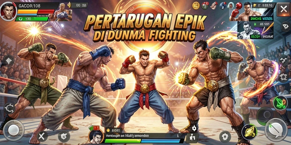 Tampilan utama gameplay GACOR108 dengan pertarungan seru yang menampilkan karakter unik.