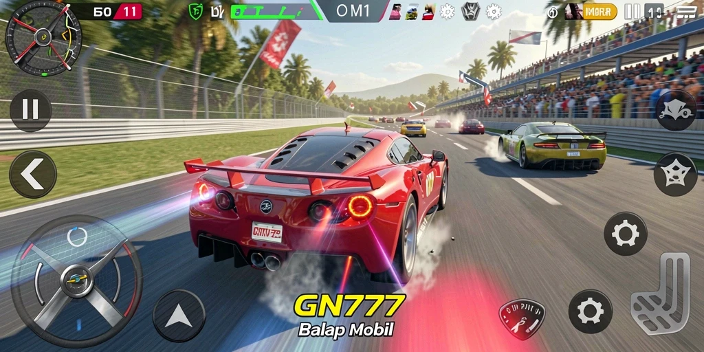 Tampilan gameplay seru di GN777 saat balapan di trek menantang.
