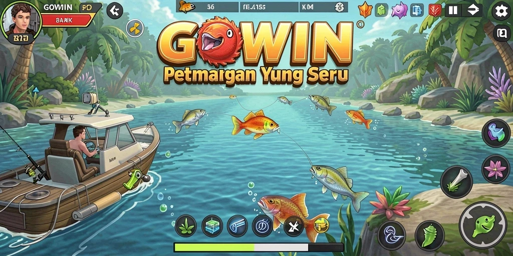 Gameplay GOWIN dengan pemandangan memancing yang menakjubkan.
