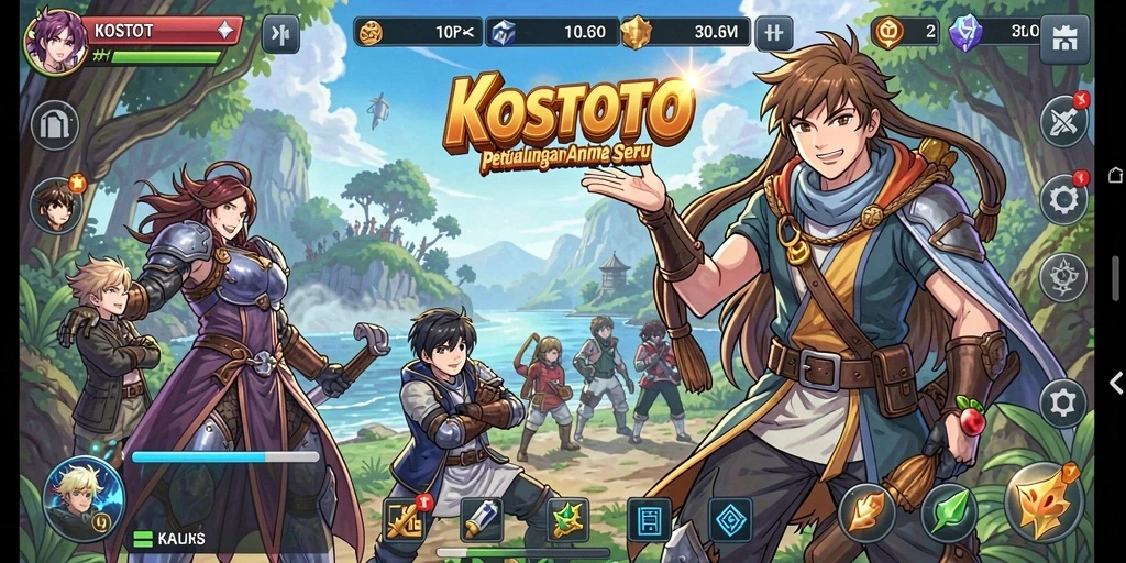 Tampilan gameplay KOSTOTO dengan karakter anime yang menawan.