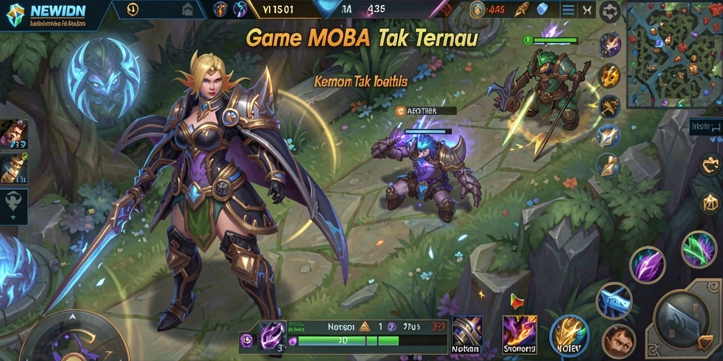Tangkapan layar utama NEWIDN menampilkan aksi epik di arena MOBA.