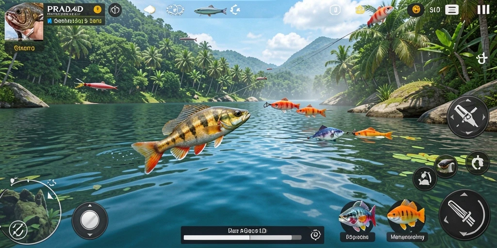 Tampilan gameplay seru dalam PRADA4D yang menampilkan momen menangkap ikan.