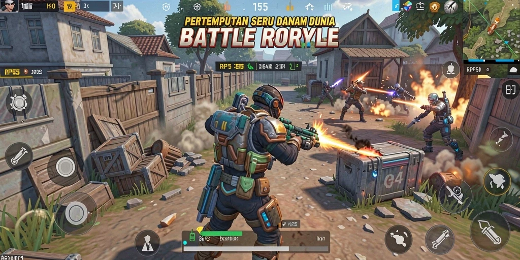 Screenshot RP55 menampilkan aksi seru dalam pertempuran Battle Royale.