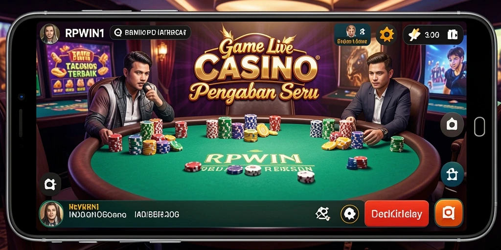 Screenshot gameplay RPWIN1 menampilkan dealer langsung dan suasana kasino yang nyata.